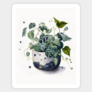 Lively Pothos Plant Illustration in a Decorative Pot with Cosmic Theme Sticker